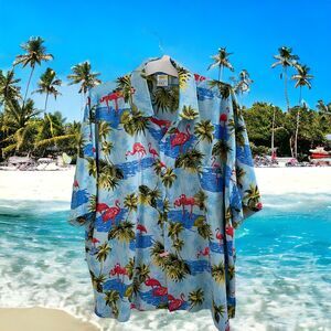 Rima Hawaiian Aloha Mens Shirt Size 2XL Flamingos Palm Trees Ocean Tropical XXL